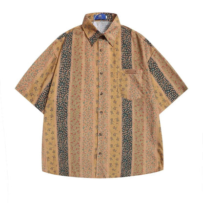 Vertical Stripes Small Floral Short-sleeved Casual Shirt