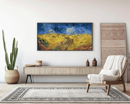 Van Gogh Wheatfield with Crows Print: Vintage Panoramic Art, Handframed Option (2x1)
