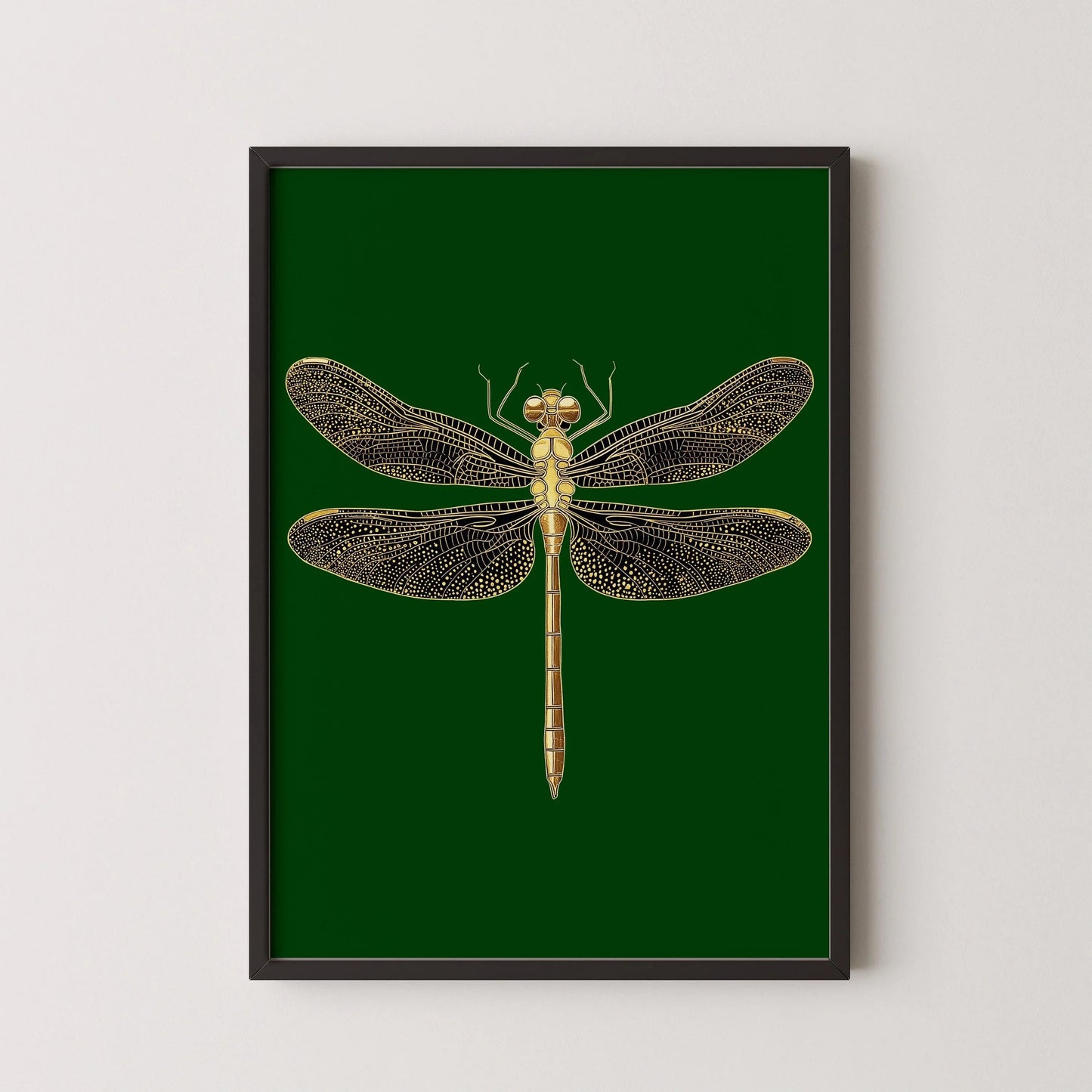 Gold Dragonfly Art Print: Emerald Green Dark Academia Style
