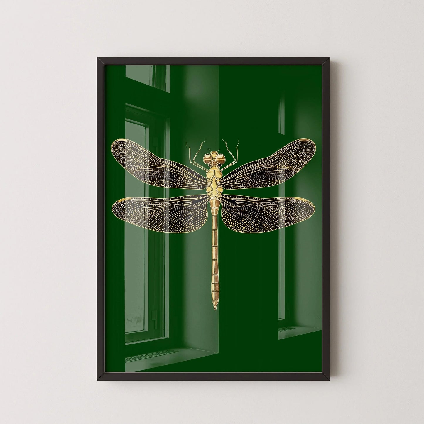 Gold Dragonfly Art Print: Emerald Green Dark Academia Style