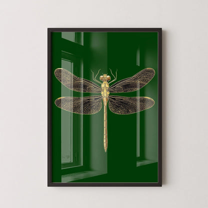 Gold Dragonfly Art Print: Emerald Green Dark Academia Style