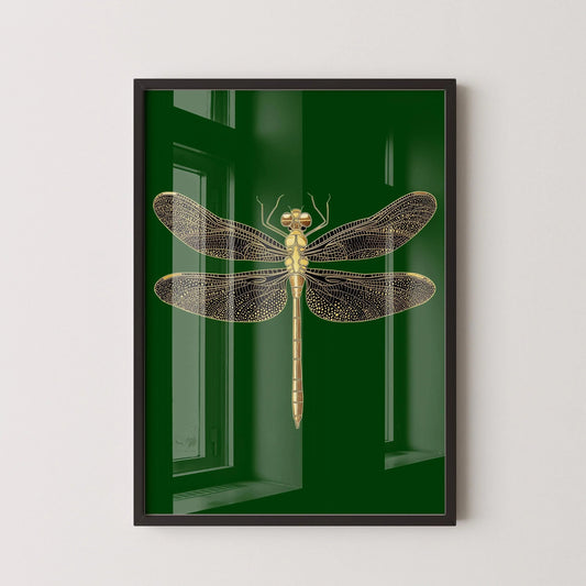 Impression d'art Libellule dorée : Style académique foncé vert émeraude