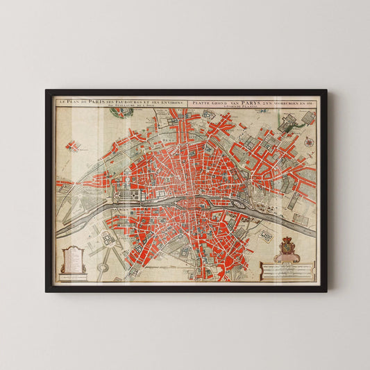 Carte de Paris vintage (disponible encadrée à la main ou non encadrée)