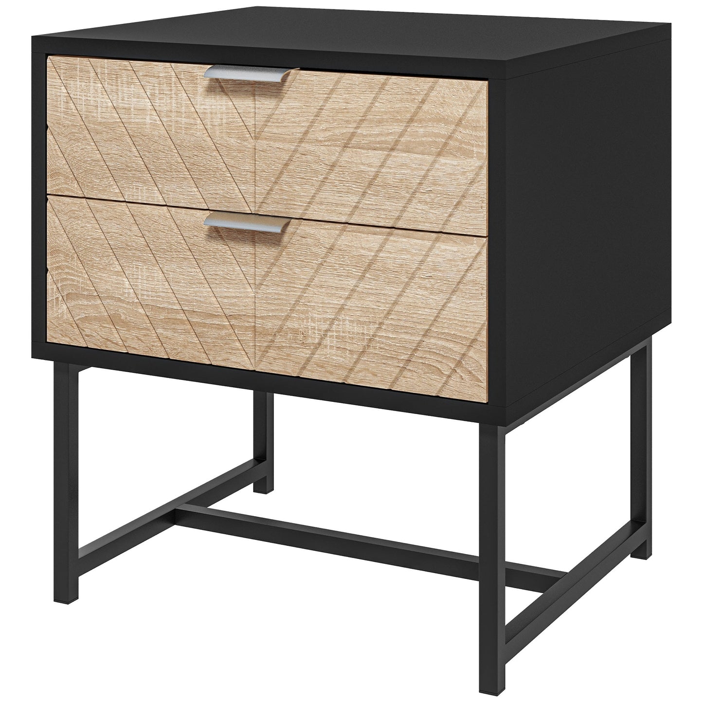 Emery Modern Bedside Table with 2 Drawers and Steel Legs-White/Oak