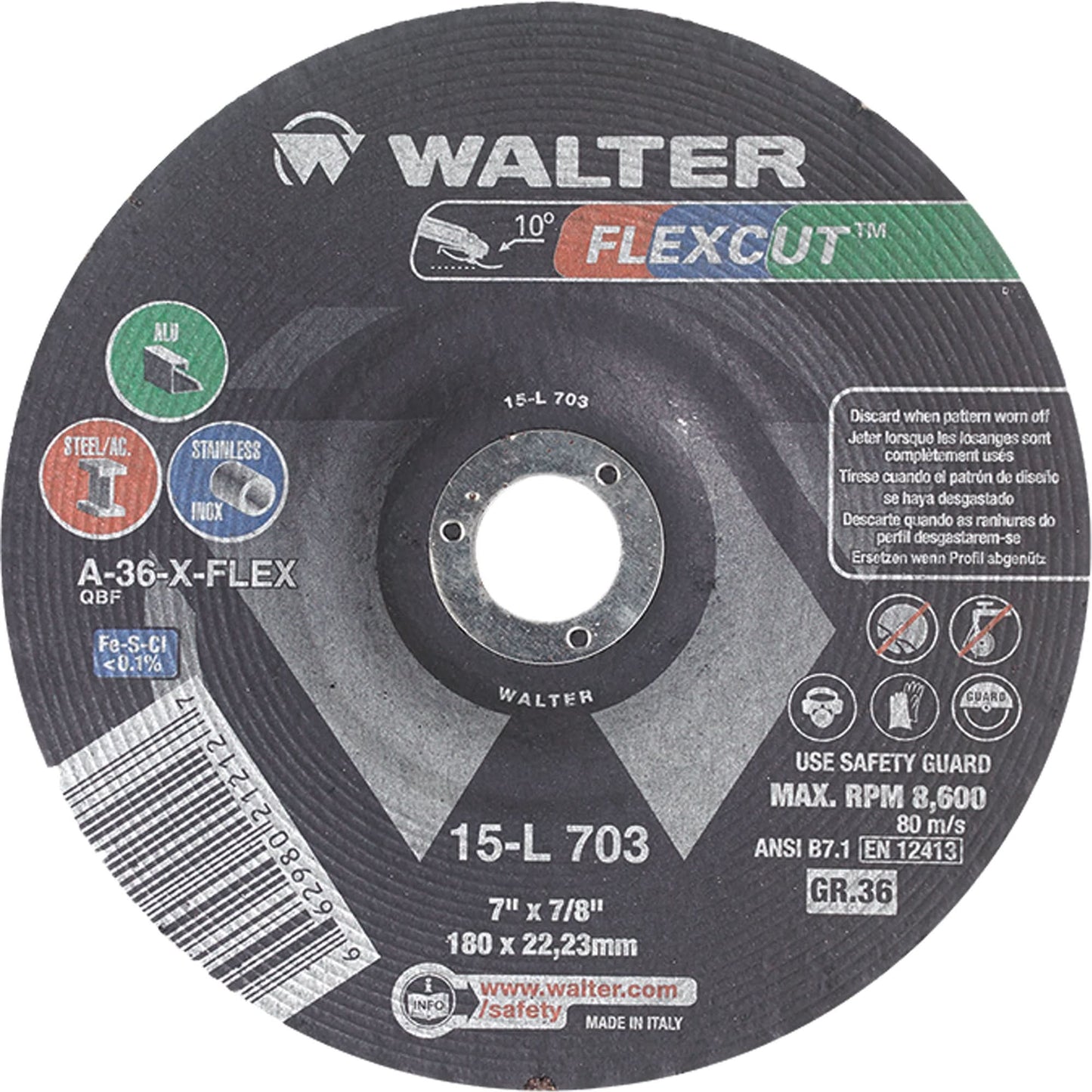 Flexcut™ Depressed Centre Grinding Wheels, 7", 36 Grit, Aluminum Oxide, 7/8", 8600 RPM, Type 29