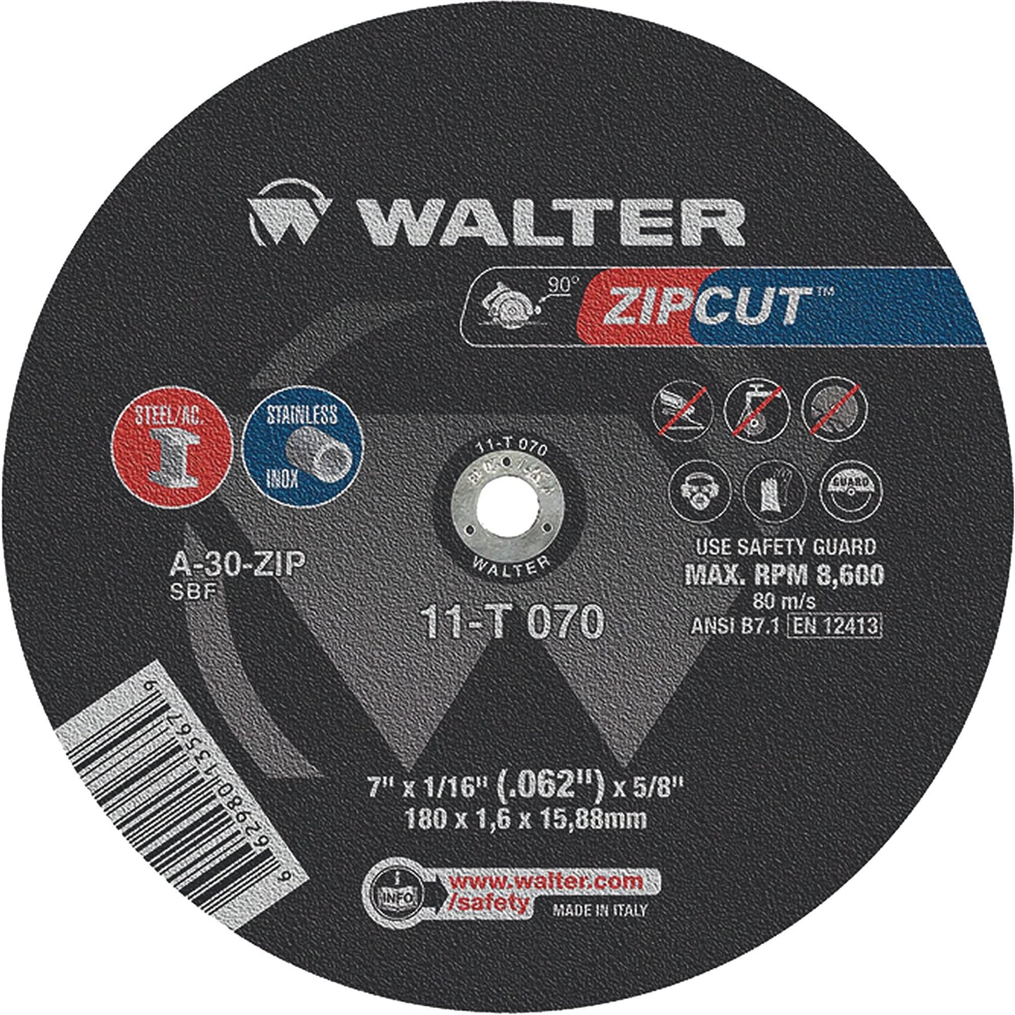 Zipcut™ Reinforced Cut-Off Wheel, 7" x 1/16", 5/8" Arbor, Type 1, Aluminum Oxide, 8600 RPM