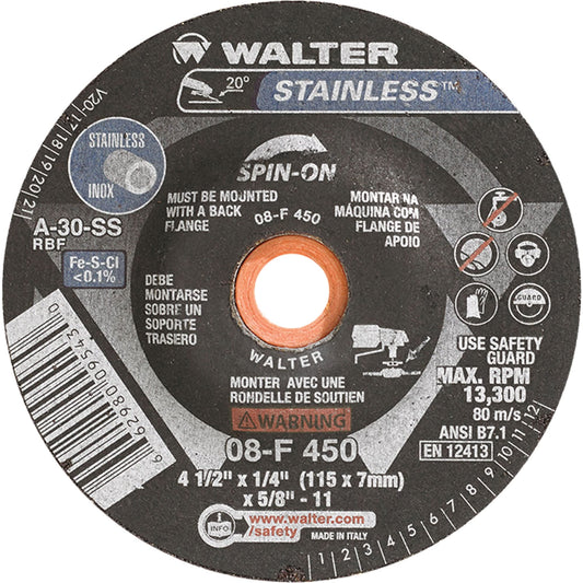 Depressed Centre Grinding Wheels - Stainless Type 27, 4-1/2" x 1/4", 5/8"-11 Arbor, Type 27S