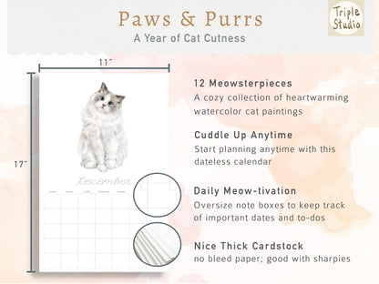 DATELESS Extra Large Wall Calendar with Magnetic Poster Hanger: Cat