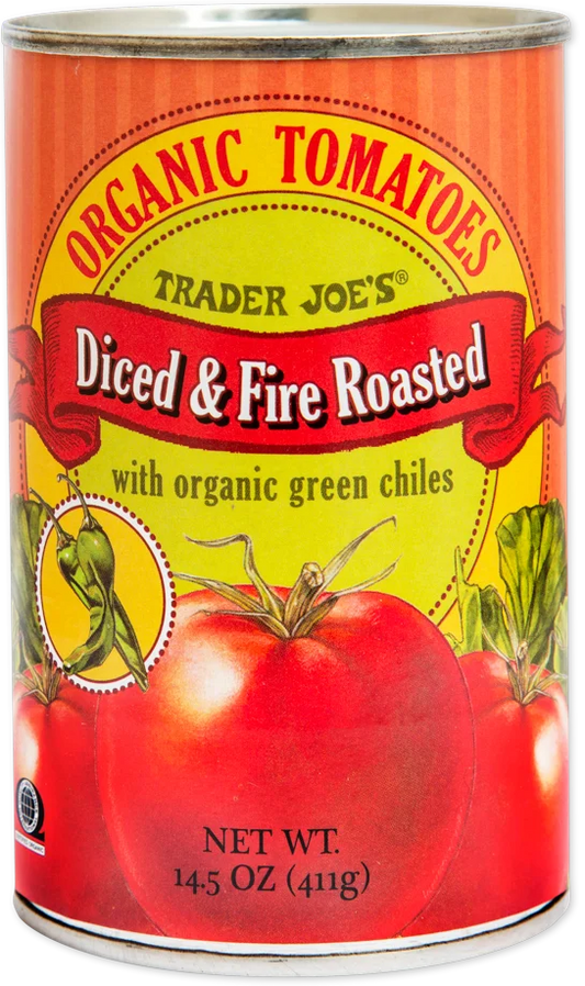 Tomates biologiques coupées en dés et grillées au feu avec piments verts Trader Joe's, 411 g