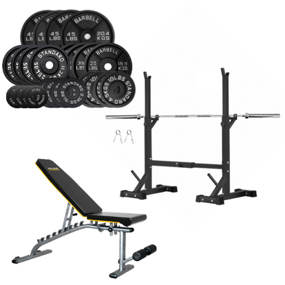 Squat Rack, Bench, Barbell & Weight Plates Stack