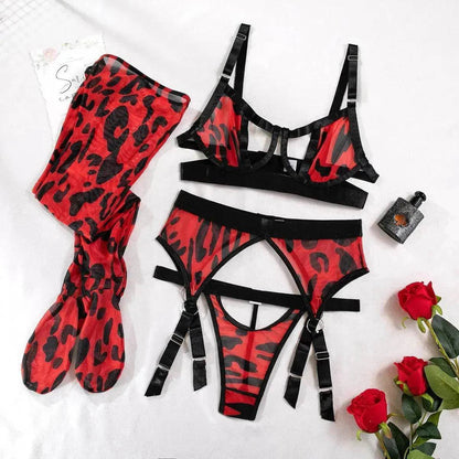 Wild Leopard Print Mesh Hollow Lingerie Stockings Charming Lingerie Set