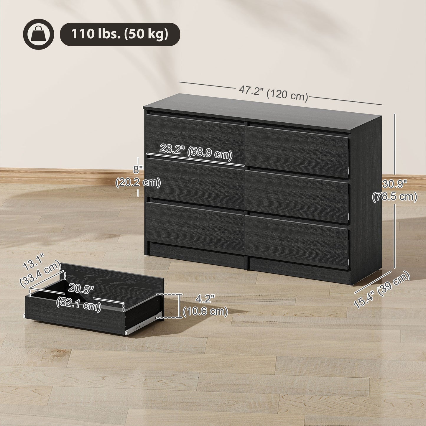 River 6 Drawer Dresser for Bedroom, Living Room or Hallway-Black
