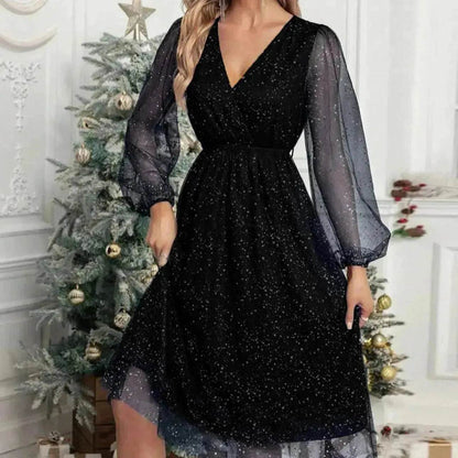 Women Fashion Stitching Mesh V-Neck Midi Dress