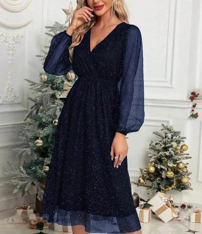 Women Fashion Stitching Mesh V-Neck Midi Dress