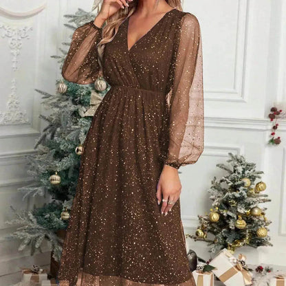 Women Fashion Stitching Mesh V-Neck Midi Dress