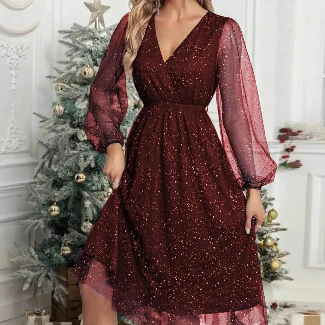 Women Fashion Stitching Mesh V-Neck Midi Dress