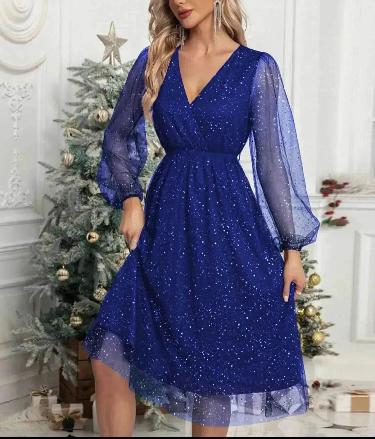 Women Fashion Stitching Mesh V-Neck Midi Dress