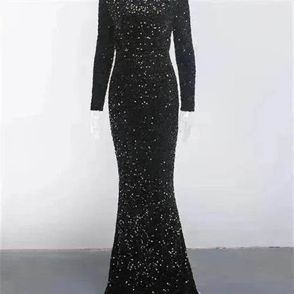 Women Modest Stretch Sequin Royal Blue Evening Prom Gown Party