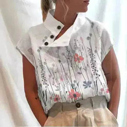 Women's Casual Stand Collar Short-sleeved Digital Printed blouse top