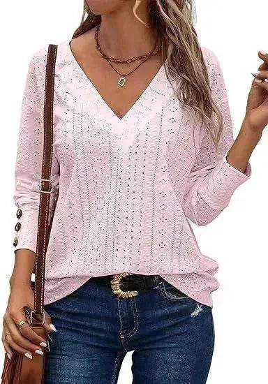 Women's Casual V-neck Long Sleeved Lace Casual Embroidered Shirt top