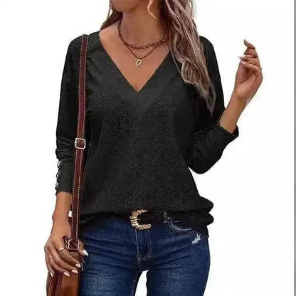 Women's Casual V-neck Long Sleeved Lace Casual Embroidered Shirt top