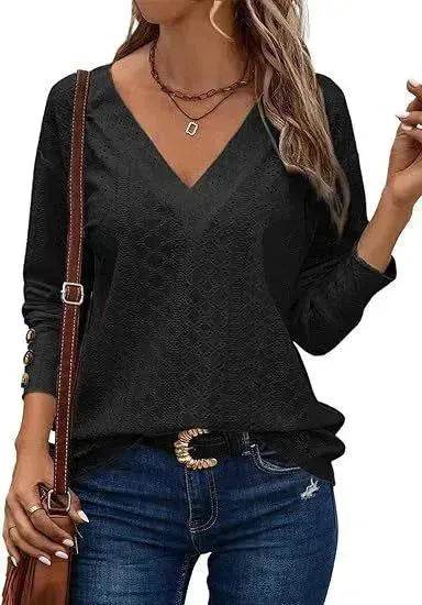 Women's Casual V-neck Long Sleeved Lace Casual Embroidered Shirt top