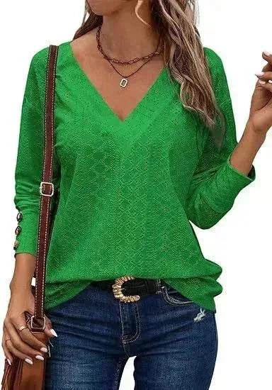 Women's Casual V-neck Long Sleeved Lace Casual Embroidered Shirt top
