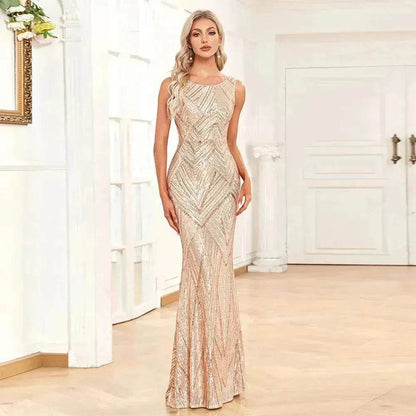 Women's Fashionable Sleeveless Round Neck Sparkling Evening Gown