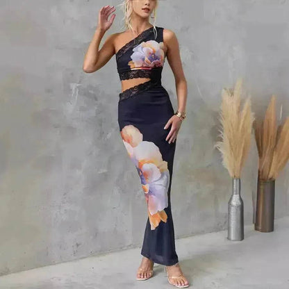 Women's One-shoulder Printed Voile Lace Slim Fit Two piece Dress