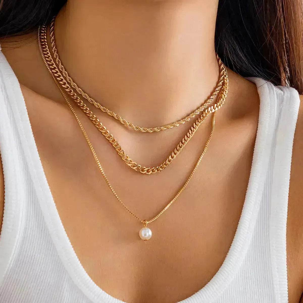Women's Simple Slim Chain Multi-layer Imitation Pearl Necklace