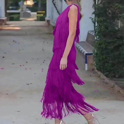 Women's Solid Color Diagonal Collar Multi-layer Tassel Stitching Design Dress