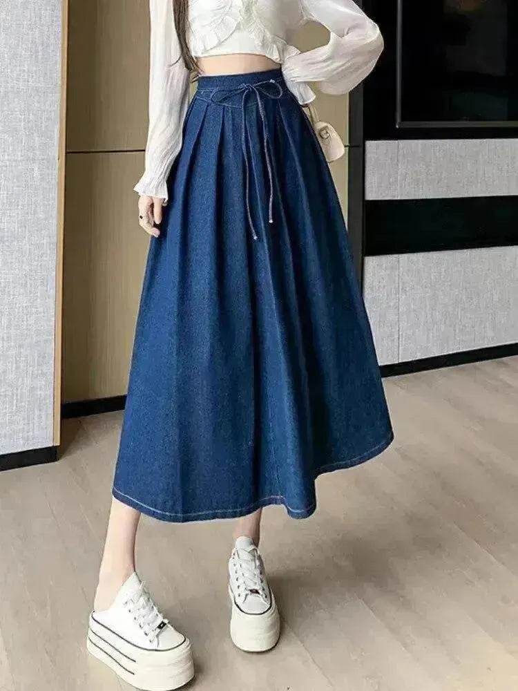 Women's Temperament High Waist Denim Pleated Mid-length Skirt