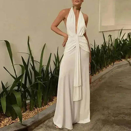 Women Summer Backless  Sleeveless Hanging Neck Pleated White Dress