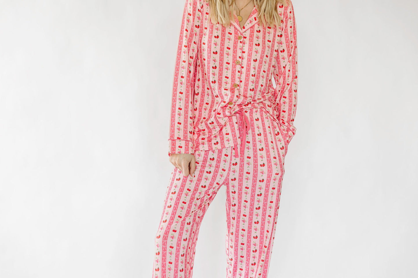 Pink Strawberry & Cherry Bows Adult Button Down Long Sleeve Pajama Top