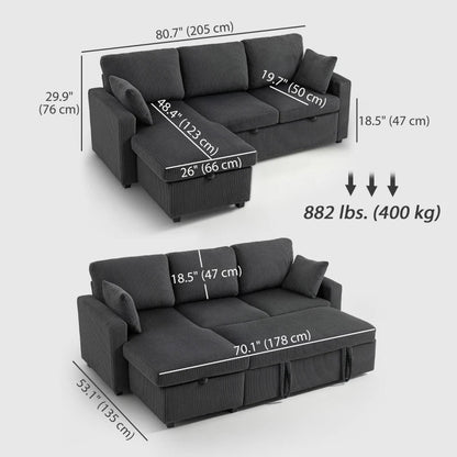 Leo 81" Sleeper Sectional with Storage Chaise-Dark Grey