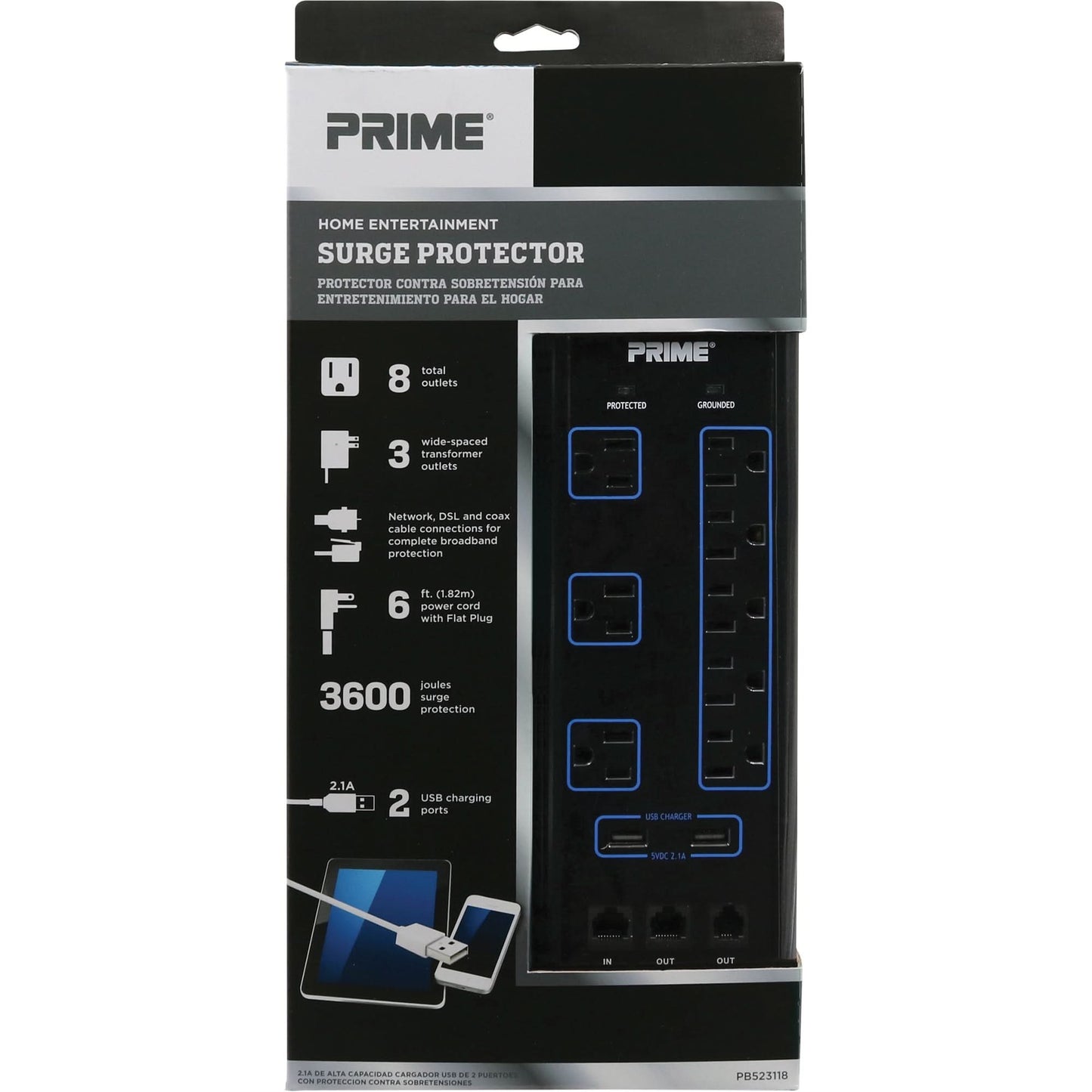 USB Charging Surge Protectors, 8 Outlets, 3600 J, 1875 W, 6' Cord