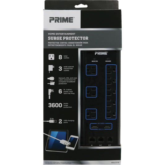 USB Charging Surge Protectors, 8 Outlets, 3600 J, 1875 W, 6' Cord