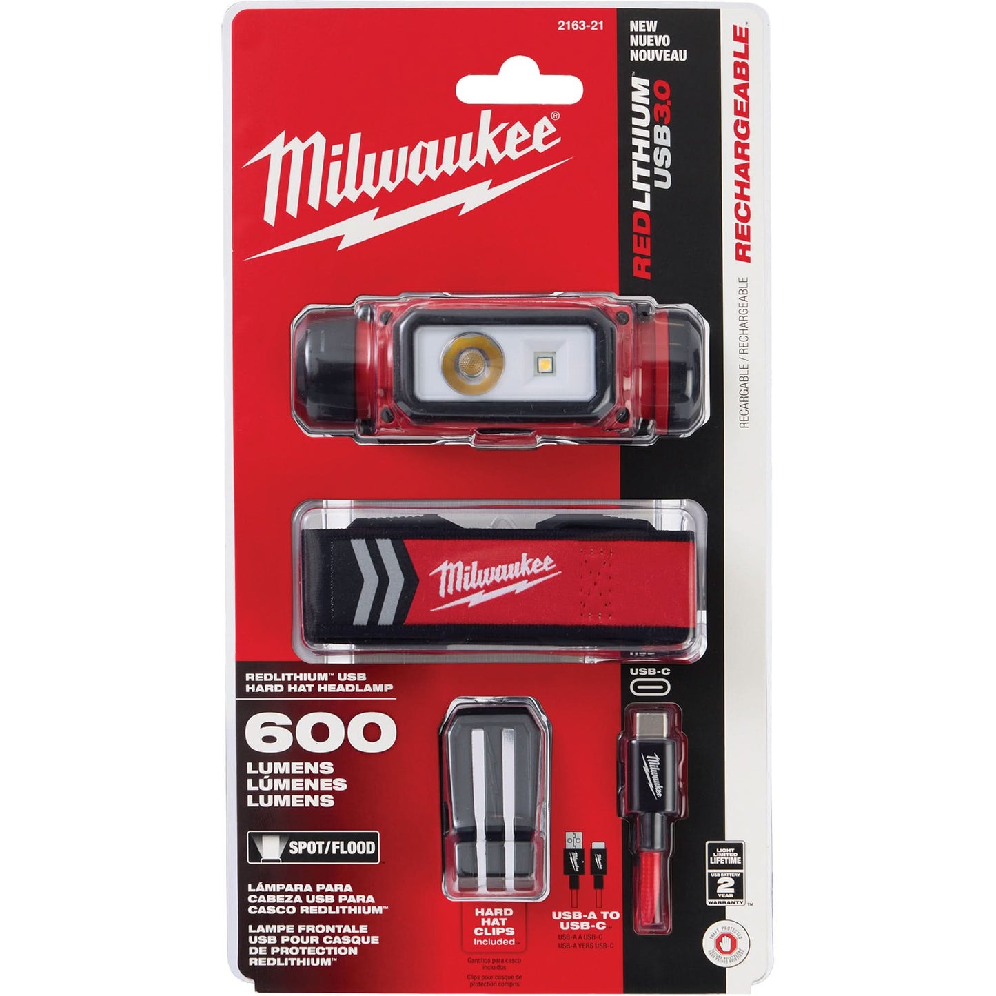 REDLITHIUM™ USB Hardhat Headlamp, LED, 600 Lumens, 5 Hrs. Run Time, Rechargeable Batteries