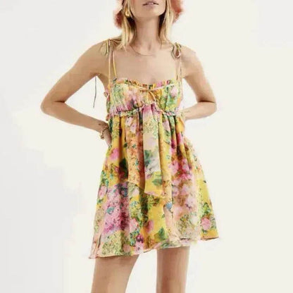 Y2K Flowers Print Suspender Dress Summer Fashion Ruffled Holiday Beach Short Dresses Womens Clothing