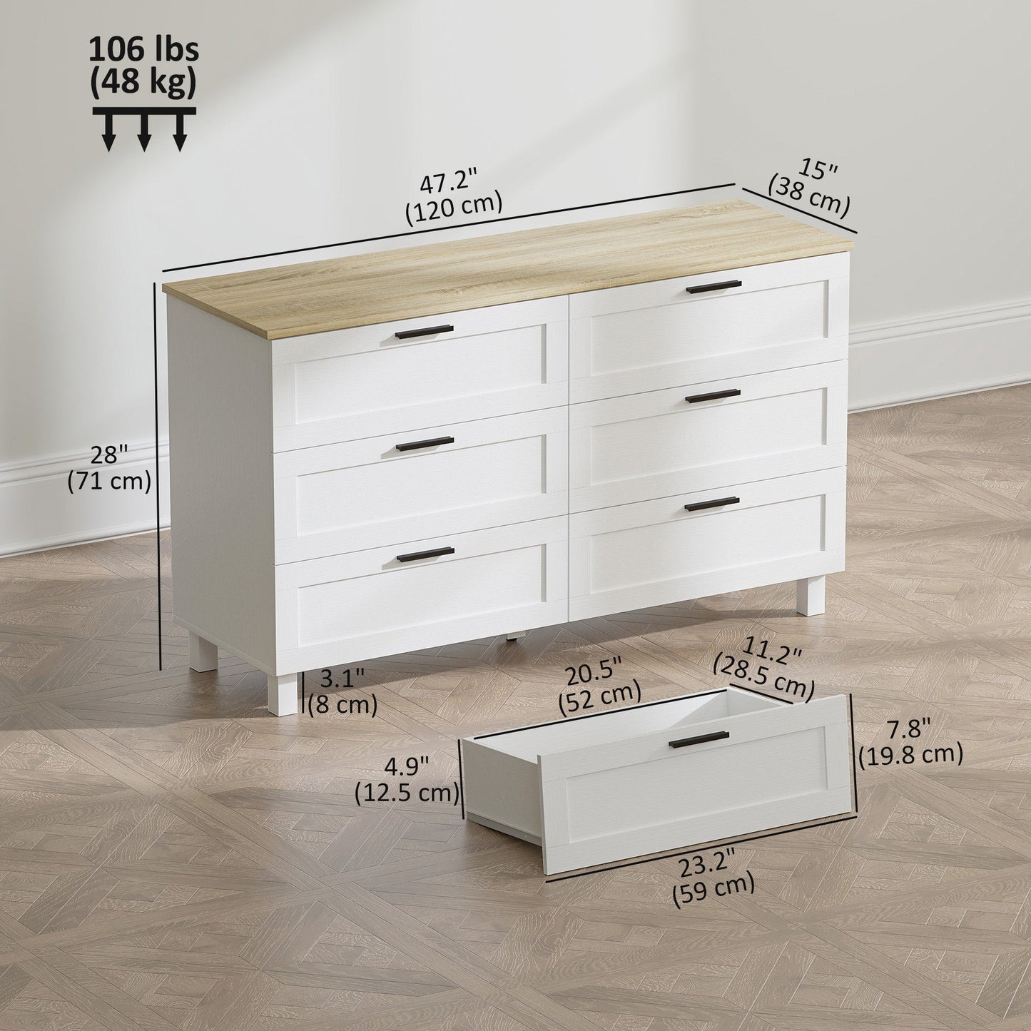 Martha 47" Wide Modern Dresser with 6 Drawers for Bedroom, Living Room and Entryway-White