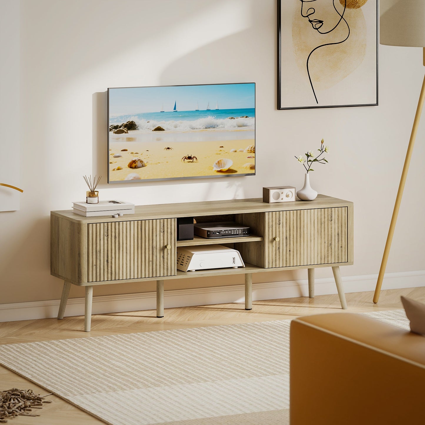 Birch TV Stand for Televisions up to 65" with Adjustable Shelves and Pine Wood Legs-Oak