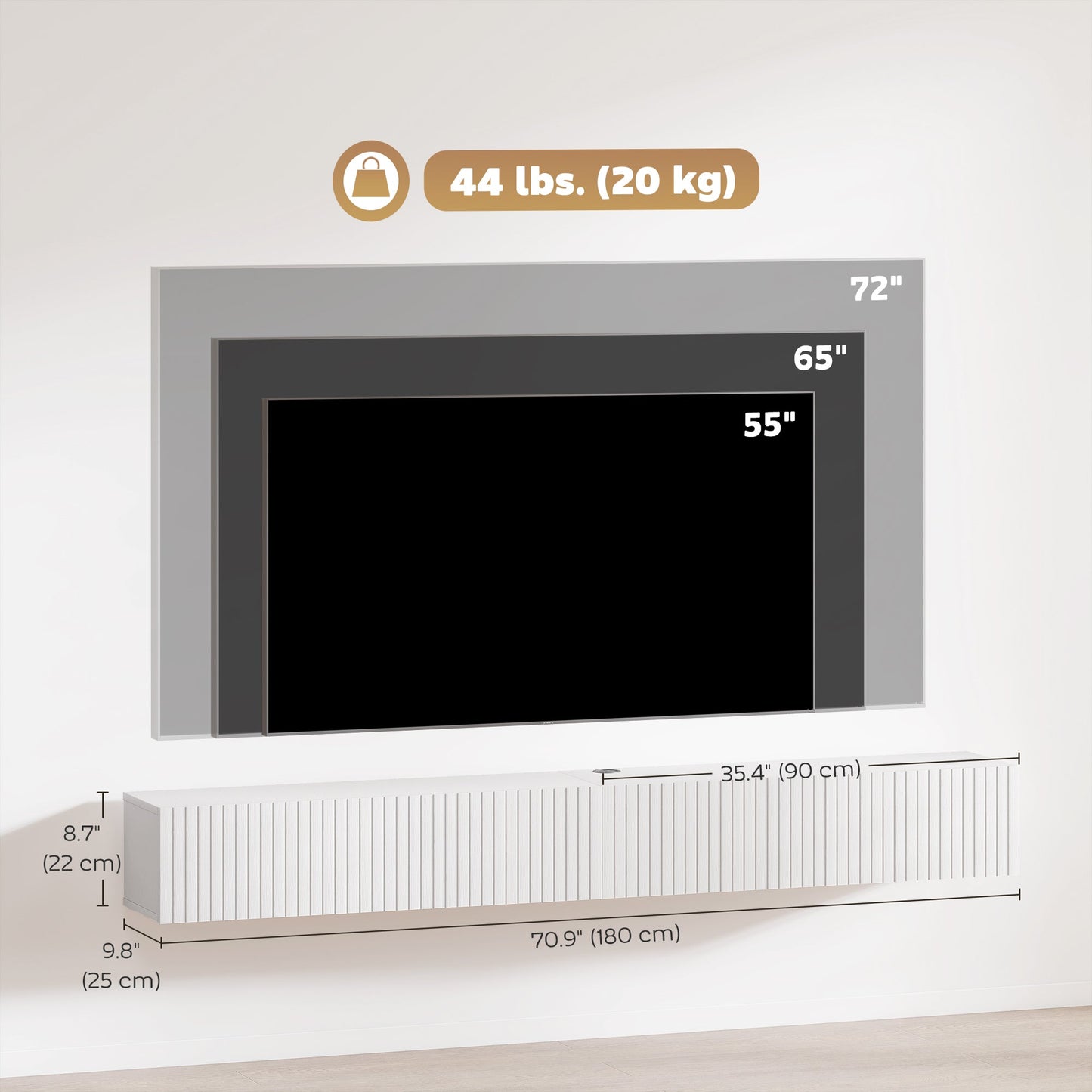 Jesse 71" Floating TV Stand with 2 Fluted Flip-Down Doors for TVs up to 75"-White