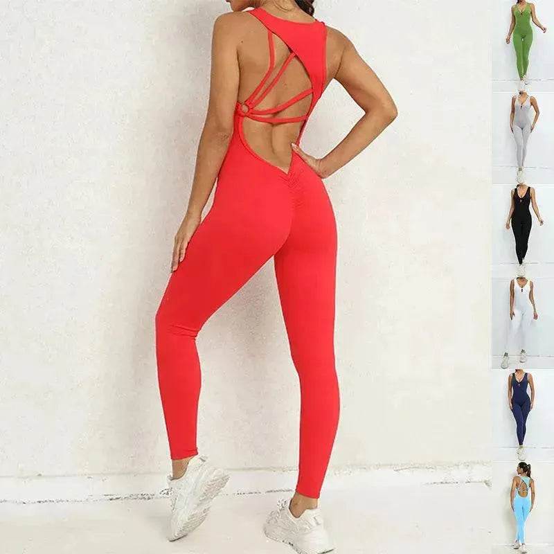 Yoga Jumpsuit V-shaped Back Design Sleeveless Fitness Running Sportswear Stretch.